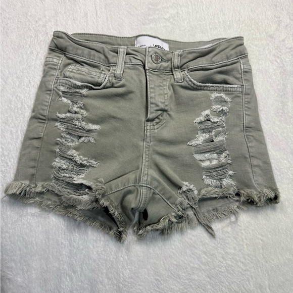 Olive Distressed Jean Shorts with Raw Hem - Picture 1 of 6